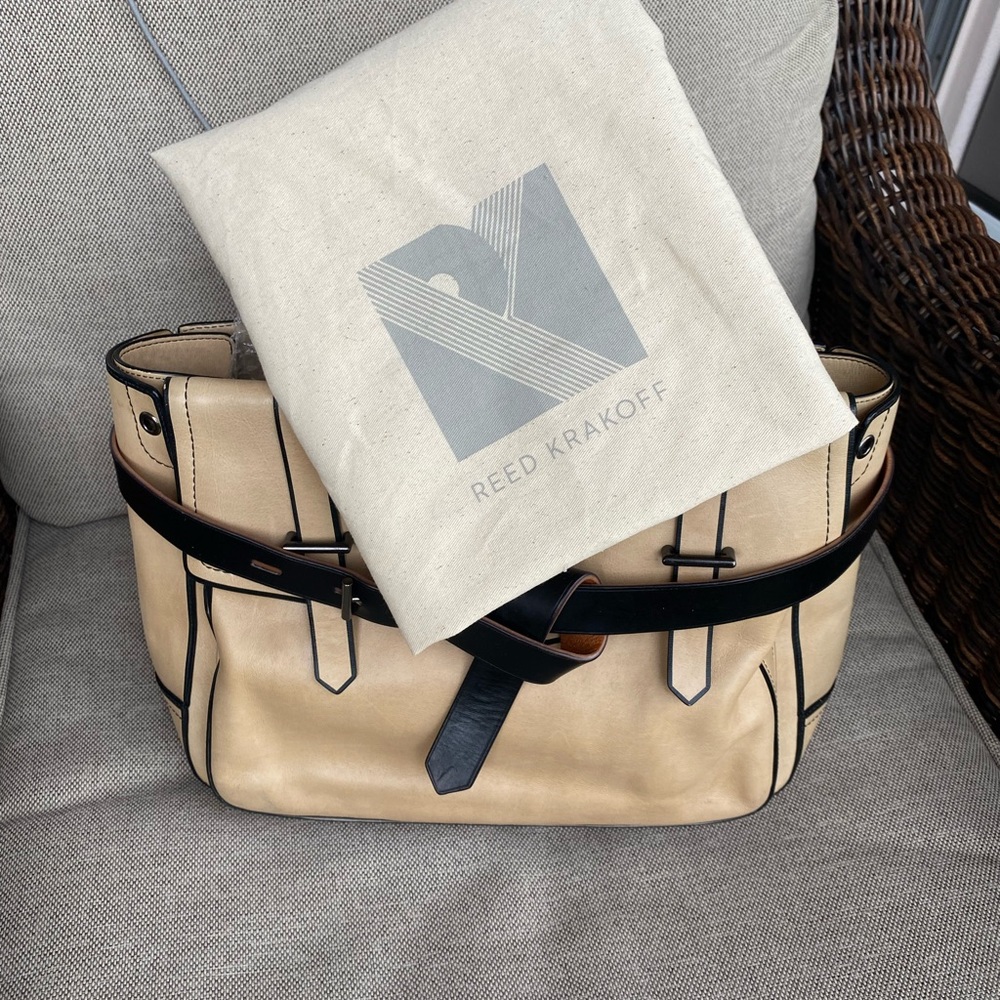 REED KRAKOFF Beige with Black Trimmed Leather "Boxer" Tote Bag. - Picture 16 of 16